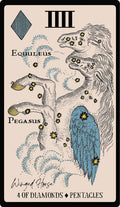 tarot korta su sparnuotu žirgu Pegasus, mėlyna sparna ir geltonomis žvaigždutėmis ant smėlio fono, priekis