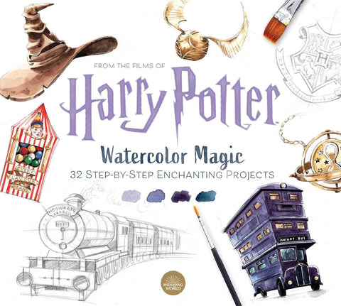 Harry Potter akvarelės knyga su 32 pamokomis, purpurine antrašte ir instrukcijomis piešti Hogwarts Express bei Knight Bus, teptuku ir spalvomis akcentuota covere