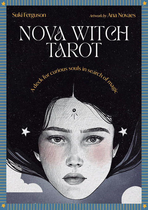 Nova Witch Tarot kortų rinkinys – Suki Ferguson viršelis su Ana Novaes iliustruota žvaigždėta moters veido kompozicija ir auksiniu pavadinimu