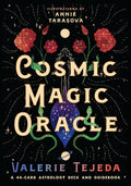 Cosmic Magic Oracle kortų rinkinys ir vadovas — juodas viršelis su auksiniais užrašais, žvaigždžių, raudonų gėlių ir žalio gyvačio iliustracija
