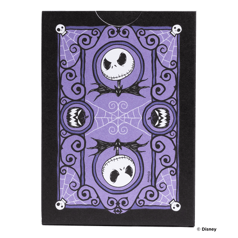 Kortų dėžutė Disney violetinė su Jack Skellington motyvais ir gotišku juodų ornamentų raštu, parodytas priekinis dizainas