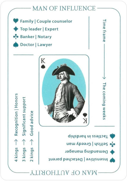 Korta Man of Influence (karalius pikų) su mėlynu elipsės fonu, žymėmis apie vaidmenis, laiko eigą ir gairėmis pirkėjui