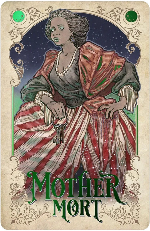 Mother Mort tarot korta: Art Nouveau stiliaus moteris su raktų ryšuliu, raudonai dryžuota suknele ir žaliosiomis detalėmis