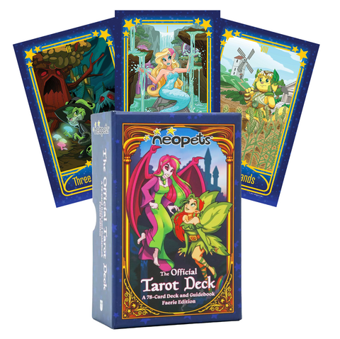 Taro kaladė Neopets Faerie leidimas, 78 kortų dėžutė su ryškiu viršeliu ir keliomis išskleistomis iliustruotomis kortomis