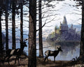 Sienų drobė fantasy stiliaus, pilkšvai mėlyna, elnių siluetai prie ežero su tolumoje stovinčia pilimi