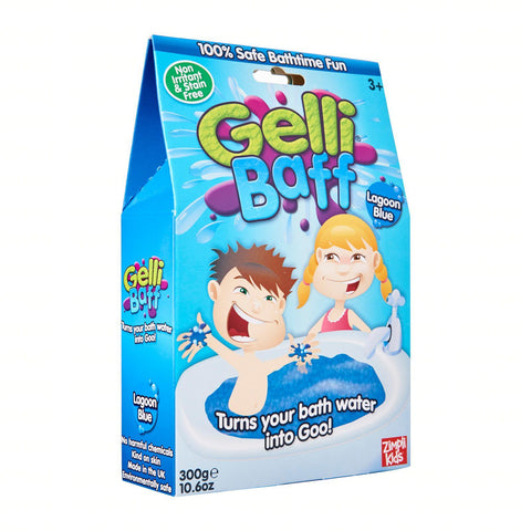 Gelli Baff vonios gėlis 300 g Lagoon Blue, priekinė pakuotė, skirta vaikų žaidimams ir vandens paverčimui želė konsistencijos