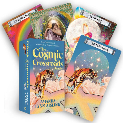 Orakulų kortos The Cosmic Crossroads — mėlyna dėžutė su Amanda Lynn Aisling ir kelios spalvotos, tigrą vaizduojančios kortos