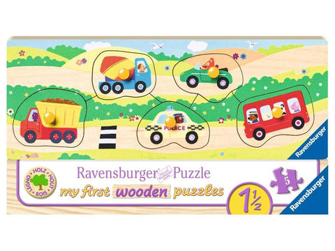 Ravensburger medinė dėlionė „Pirmosios transporto priemonės“, 5 det., nuo 1,5 m.