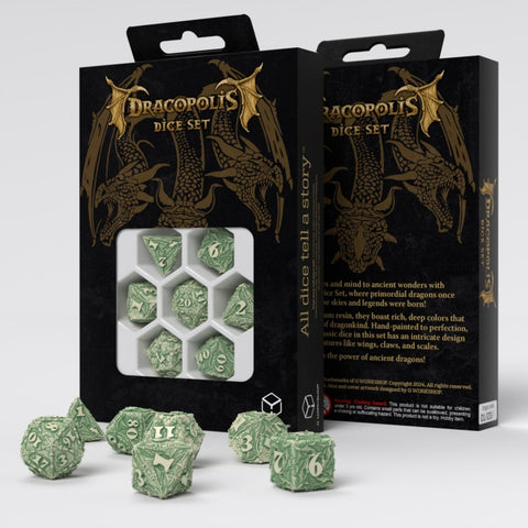 Drakono tematikos RPG kauliukų rinkinys „Andų Ilgakaklis“, 7 vnt, smėlio/žalia