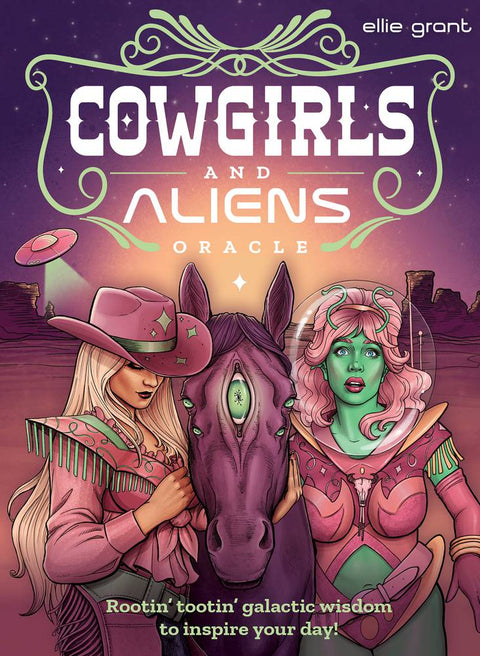 Orakulo kortos Cowgirls and Aliens (Ellie Grant) viršelis — rožinė ir violetinė iliustracija su kovboje, žalia ateive ir vienakiu arkliu, galerijos viršelis variantas