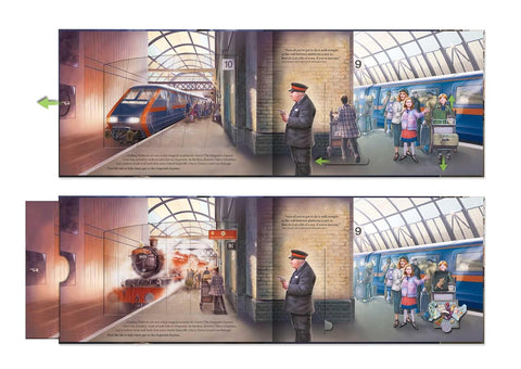 Knyga su interaktyviais slankikliais, atverčianti stoties peroną ir magišką Hogwarts Express traukinį