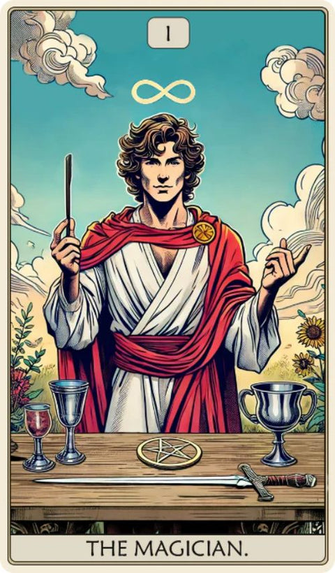Tarot korta The Magician: priekinis iliustruotas kortos paveikslas su raudonu apsiaustu, ritualiniais atributais ir begalybės simboliu