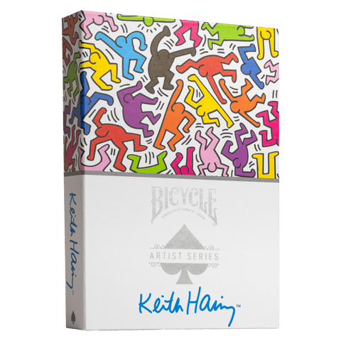 Kortų kaladė Bicycle Artist Series su Keith Haring ryškiomis spalvotomis figūromis viršuje, baltu apačioje ir autografu ant šono