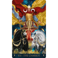 Tarot korta VII Vežimas — iliustruota korta su auksine šarvuota figūra, raudona ir geltona mantija bei juodu ir baltu žirgu