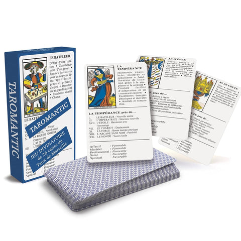 Tarot kortos Taromantic, mėlynas dėklas ir Marseille stiliaus aiškinimo kortelės su pavyzdžiais ir raštuotais nugarėliais