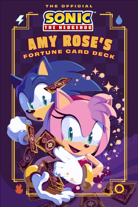 Amy Rose kortų rinkinys – oficialus Sonic viršelis violetiniu fone, Amy laiko likimo kortas, Sonic matomas už nugaros