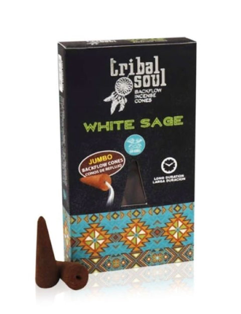 Smilkalų kūginiai White Sage Tribal Soul juodoje pakuotėje, jumbo backflow kūgeliai matomi priekyje