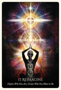 tarot korta „Reimagine“ — juodo silueto meditacija prieš auksinį spindinį ratą su širdies šviesa ir DNA motyvu, Nr. 17