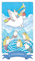 Tarot korta Teismas, iliustracija su skraidančiu vienaragiu ir trimituojančiu triušiu virš undinėlių banguotame melsvame fone