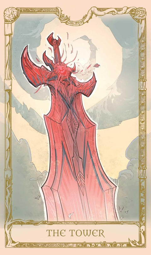 tarot korta The Tower, raudona iliustracija priekyje, vertikali korta su sugriuvusio bokšto ir žaibo motyvais