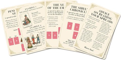 Tarot kortos su instrukcijomis, rodančios skirtingas išdėstymo schemas ir pavyzdžių interpretacijas pirkėjui