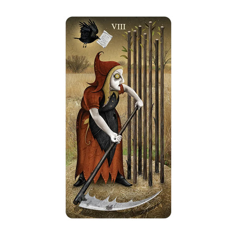 tarot korta VIII su raudona gobtuvėta figūra, laikanti pjautuvą prie suskaldytų aštuonių lazdų, variantas rinkiniui