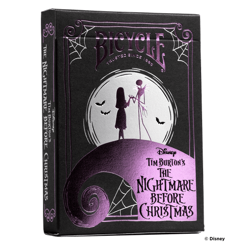 Bicycle kortų kaladė The Nightmare Before Christmas, juoda su violetine folijos apdaila, priekio dizainas su Jack ir Sally siluetais