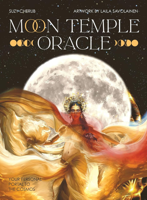 Moon Temple Oracle – kortų viršelis su milžinišku mėnuliu, auksine deivės figūra ir sklandančiomis šilko draperijomis, puošia pirkimo puslapį
