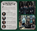 Slytherin plakatas su tamsiai žaliu fonu, kairėje narių portretai ir trumpi aprašymai, dešinėje dvi filmo scenos