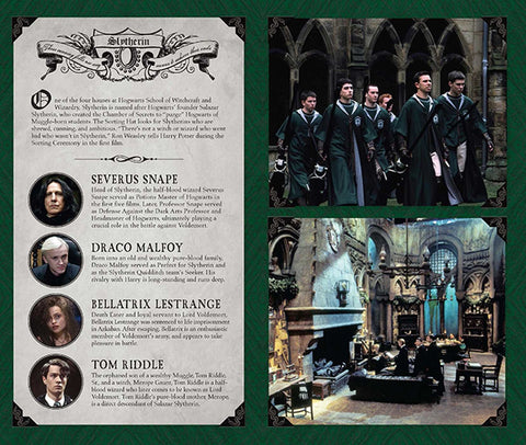 Slytherin plakatas su tamsiai žaliu fonu, kairėje narių portretai ir trumpi aprašymai, dešinėje dvi filmo scenos