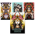 Astrologijos orakulas Eight Coins su aukso ir juodos viršele bei trimis skirtingomis zodiako kortomis