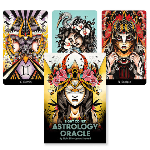 Astrologijos orakulas Eight Coins su aukso ir juodos viršele bei trimis skirtingomis zodiako kortomis