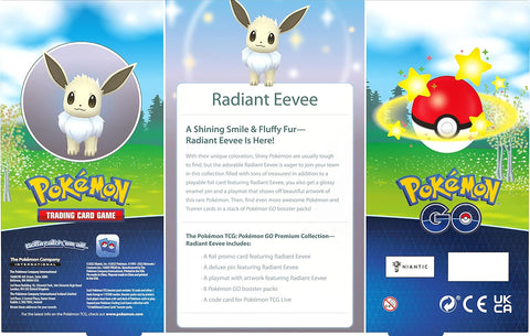 Pokémon GO Radiant Eevee Premium kolekcija – 8 pakeliai, kilimėlis, segė