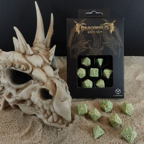 Drakono tematikos RPG kauliukų rinkinys „Andų Ilgakaklis“, 7 vnt, smėlio/žalia