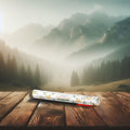 Smilkalai sandalwood, dėžutėje su keliomis lazdelėmis ant medinės lentos, akcentuoja pakuotės dizainą ir raminančią aromato atmosferą