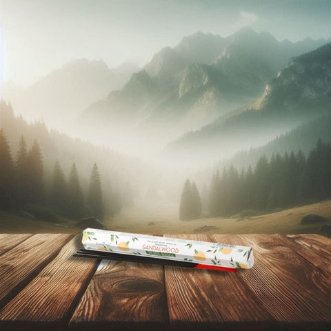 Smilkalai sandalwood, dėžutėje su keliomis lazdelėmis ant medinės lentos, akcentuoja pakuotės dizainą ir raminančią aromato atmosferą