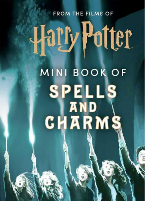 Harry Potter mini knyga – tamsiai žalsvas priekinis viršelis su pavadinimu „Spells and Charms“ ir kybančiomis lazdelėmis, skirtas produkto variantui identifikuoti