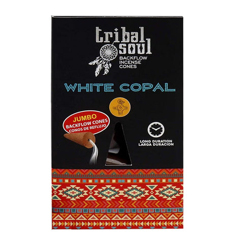 Smilkalų kūgeliai Tribal Soul White Copal — juoda pakuotė su etniniais raštais, jumbo backflow variantas