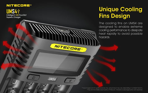 Nitecore UMS4 išmanus 4 lizdų USB baterijų įkroviklis su LCD