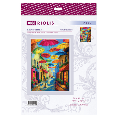 Spalvotų skėčių kryželiu siuvinėjimo rinkinys AIDA 30x40 cm RIOLIS