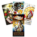 tarot kortos Tattoo Tarot Borderless Miniature Edition – miniatiūrinis be kraštų rinkinys su spalvotais tatuiruočių stiliaus, vėduoklės išdėstymo priekiniu kampu