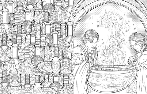 Spalvinimo knyga: potionų ir raganavimo scena — du jaunieji alchemikai maišo katile, kairėje dekoratyvūs butelių stalčiukai.