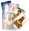 Angelic Activations oracle kortos: Kyle Gray dėžutė su 5 Jessica Tumminello iliustruotomis kortomis, išklotos fanu ir skirtos produkto apžvalgai