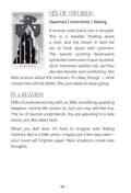 Tarot korta Six of Swords pilkos–juodos iliustracijos, kairėje kortos atvaizdas su puslapiu, aiškinantis judėjimo ir gijimo reikšmes