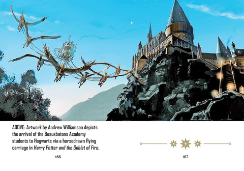 Hogwartso pilis priima ore skraidančią Beauxbatons karietą, tempiamą sparnuotų žirgų; scena iš Haris Poteris ir Ugnies taurė