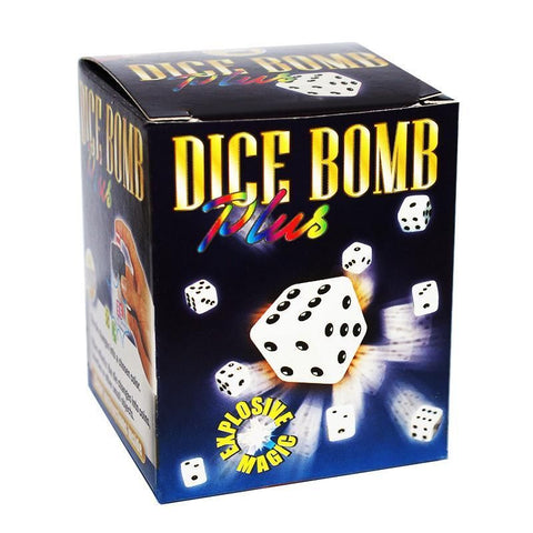 Dice Bomb Plus magijos triukas, juoda pakuotė su kauliukų grafika ir ryškiu priekinio kampo vaizdu, pakuotės variantas