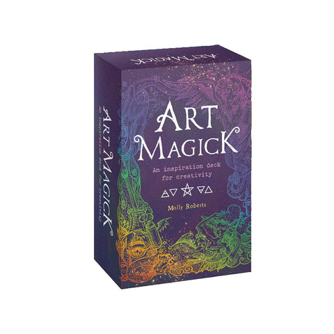 Art Magick kortų rinkinys Molly Roberts, violetinė dėžutė su vaivorykštinėmis iliustracijomis, trijų ketvirčių kampu pristatomas priekinis vaizdas