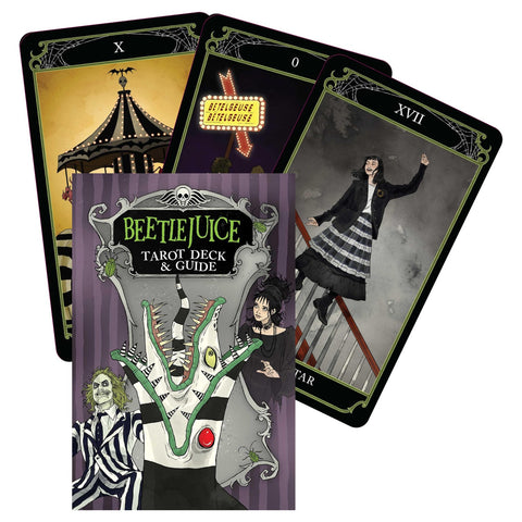 Tarot kortos Beetlejuice komplektas su vadovu, juodai žaliomis iliustracijomis ir trimis atverčiamais pavyzdžiais