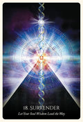 Tarot korta 18 Surrender iš spiritinių kortų rinkinio, mėlynos–violetinės spalvos, vertikalus priekis su DNR spirale ir piramidės motyvu