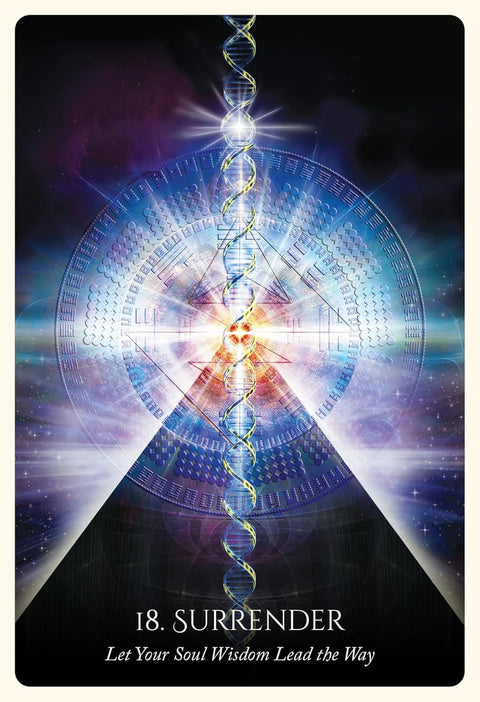 Tarot korta 18 Surrender iš spiritinių kortų rinkinio, mėlynos–violetinės spalvos, vertikalus priekis su DNR spirale ir piramidės motyvu